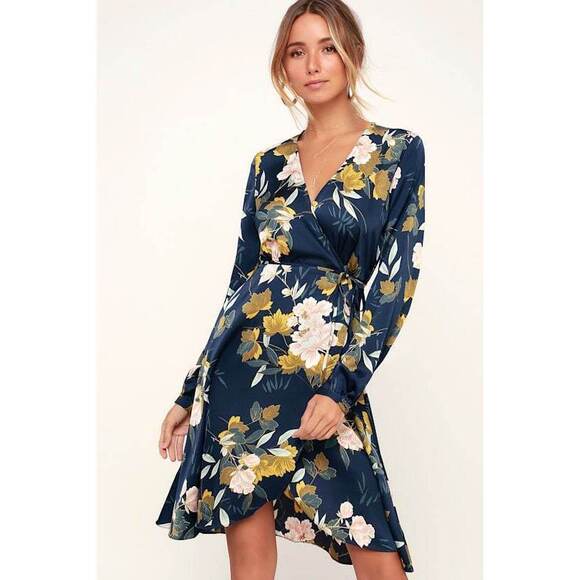 Lulus Love Is Life Navy Blue Floral Print Satin Wrap Dress - Size X-Small - Picture 1 of 4